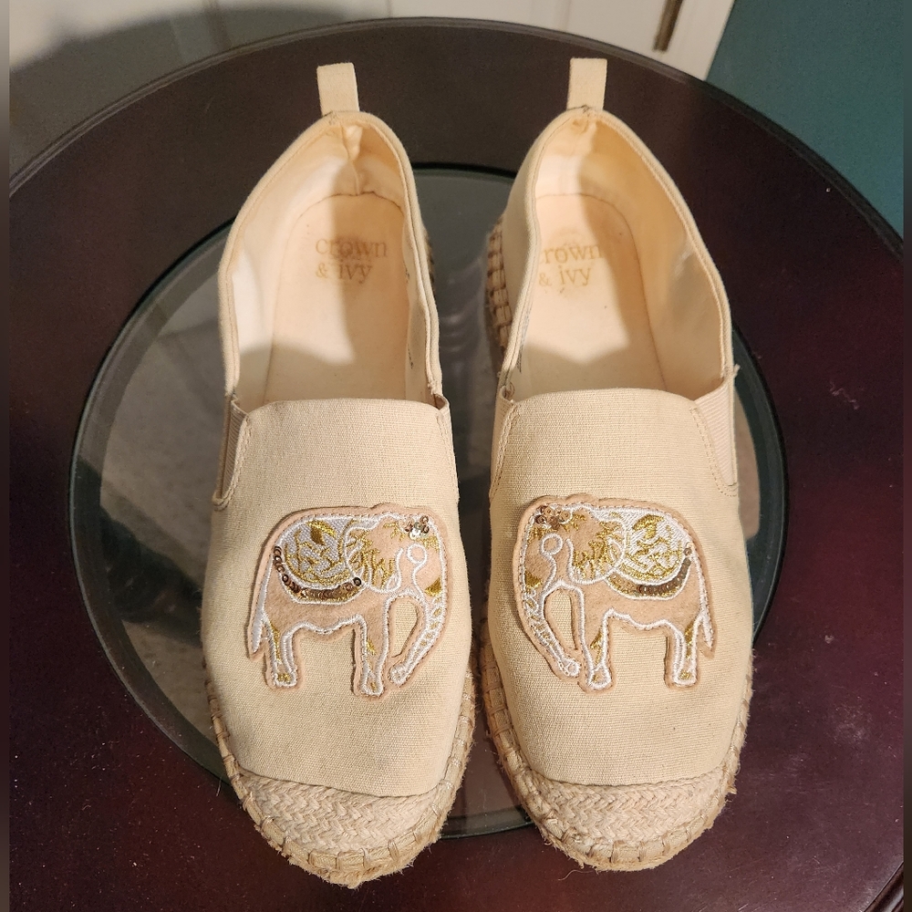 CROWN & IVY size  elephant-theme flat-heel loafers canvas. See note below.